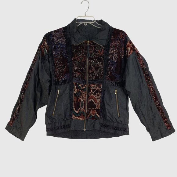 Vintage Reversible Velvet Embroidered Bomber Jacket Wmns L Boho Patchwork 80s 90 - Picture 1 of 9
